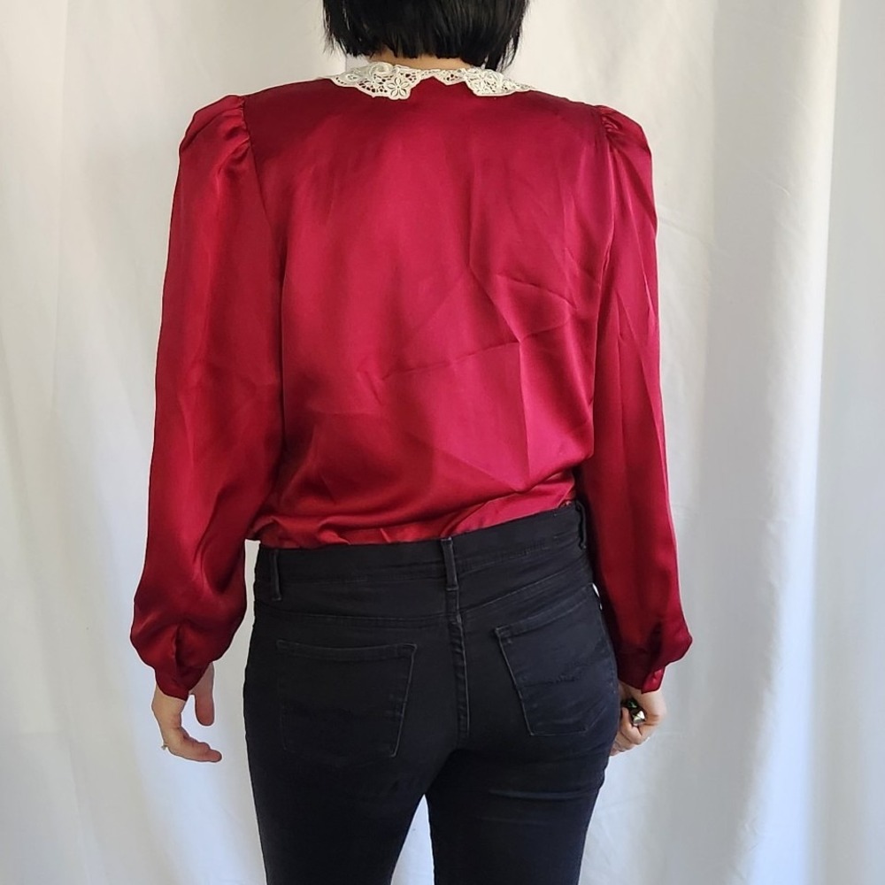 80s Cranberry Red Blouse with Lace Collar - Picture 3 of 5